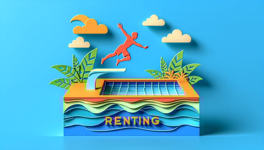 Paper art illustration featuring a swimming pool and rental form elements for a swimming pool rental article