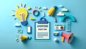 Paper art illustration depicting an advertising request form for FormCreatorAI article