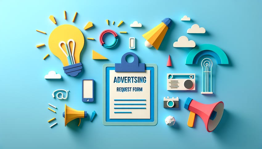 Paper art illustration depicting an advertising request form for FormCreatorAI article