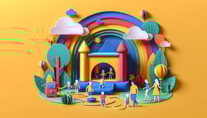 Paper art illustration depicting a bounce house rental agreement form for FormCreatorAI article