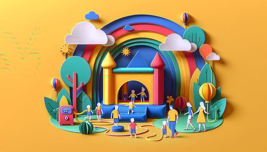 Paper art illustration depicting a bounce house rental agreement form for FormCreatorAI article