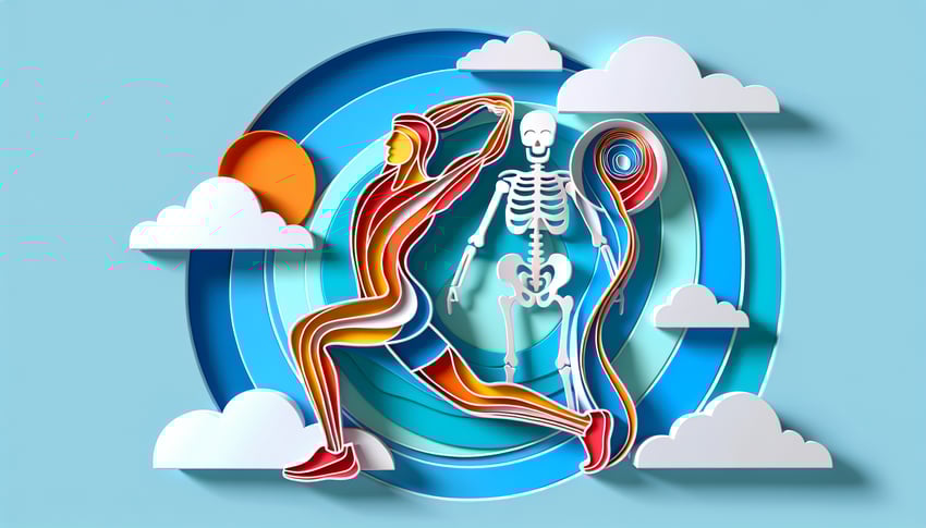 Paper art illustration depicting a physical therapist evaluation form with checkboxes and blank fields for patient data