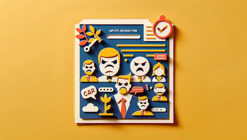 Paper art illustration depicting an employee grievance form for FormCreatorAI article