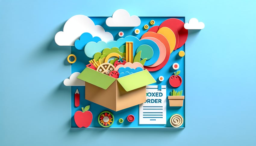 paper art illustration depicting a boxed lunch order form with various food items and a creative layout