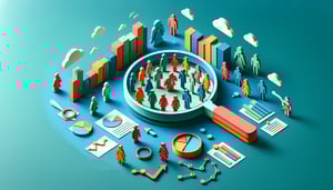 Paper art illustration featuring a market research survey form with various sections and fields for responses.