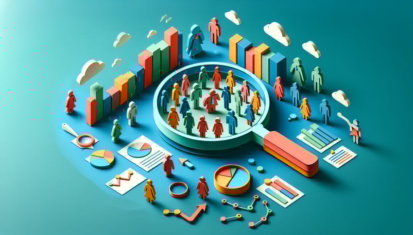 Paper art illustration featuring a market research survey form with various sections and fields for responses.