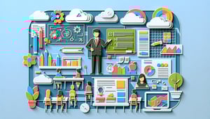 Paper art illustration featuring a school presentation handout template with educational elements and decorative design.