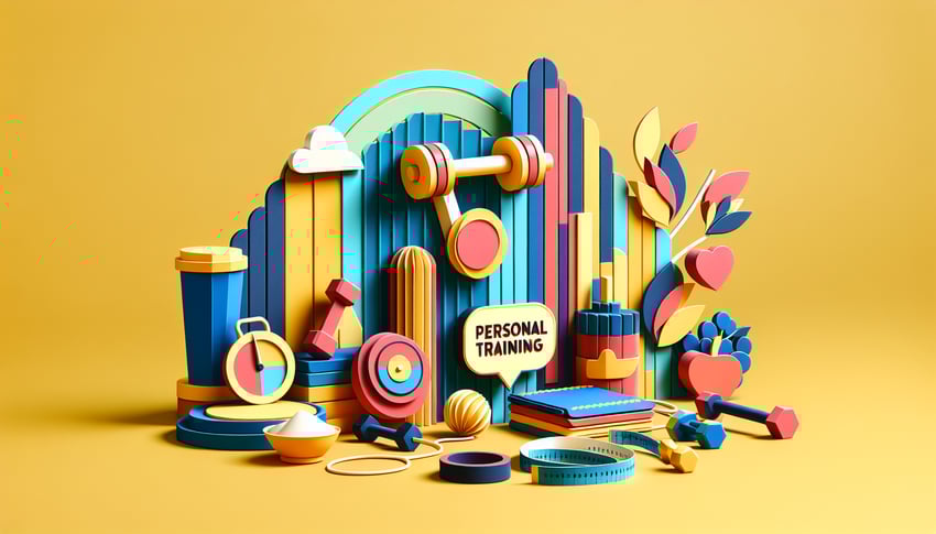 Paper art illustration depicting a personal training client intake form with various fields and icons for information gathering