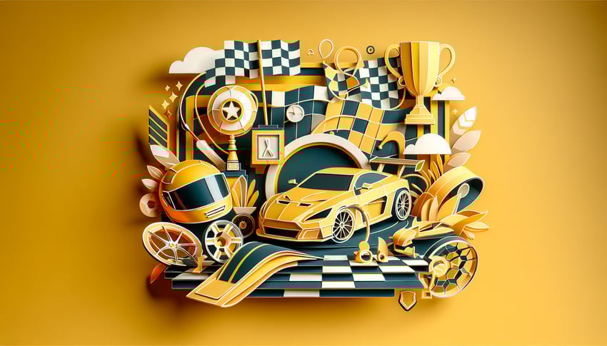 Paper art illustration depicting a car race registration form for an article about FormCreatorAI.