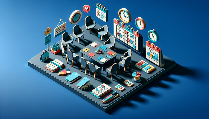 Paper art illustration depicting a meeting room reservation form with creative design elements and vibrant colors