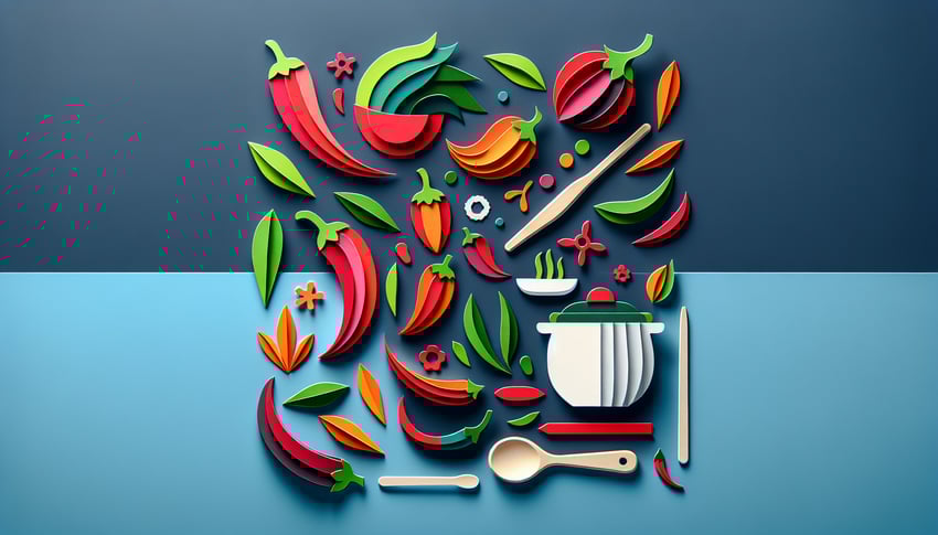 Paper art illustration featuring a chili pepper and cooking utensils for a chili cook-off entry form template article