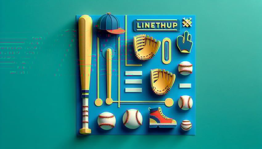 Paper art illustration featuring a baseball lineup form with player positions and statistics for team management.