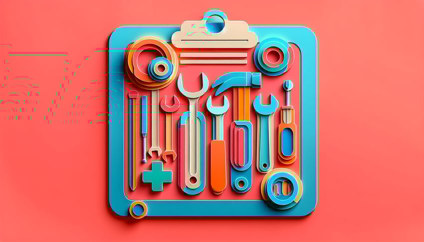 Paper art illustration depicting a maintenance record template with fields and checkboxes for an article on FormCreatorAI