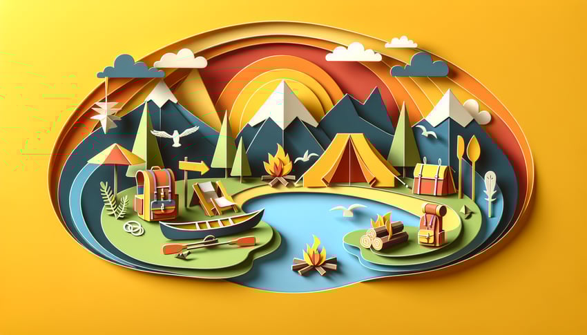 Paper art illustration depicting a summer camp registration form with colorful elements and camp-themed designs