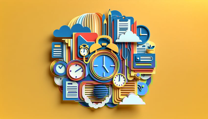 Paper art illustration depicting an overtime request form with checkboxes and writing space for employee details and approvals