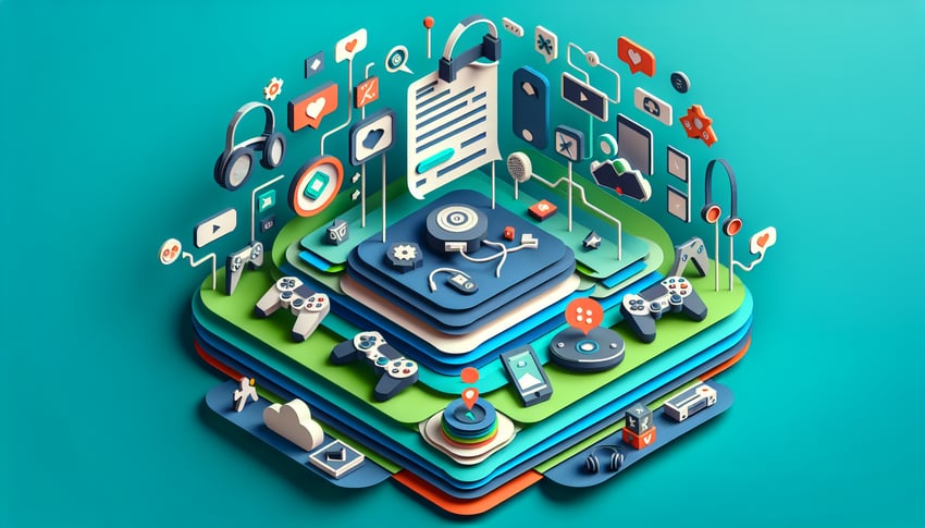 paper art illustration showing a video game survey form with graphics related to gaming and user feedback