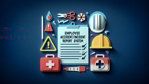paper art illustration depicting an employee accident incident report form template with pen and office supplies