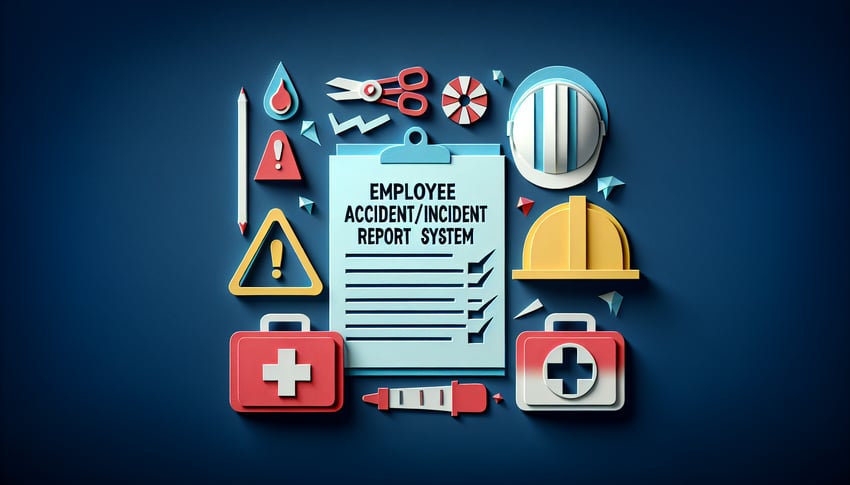 paper art illustration depicting an employee accident incident report form template with pen and office supplies