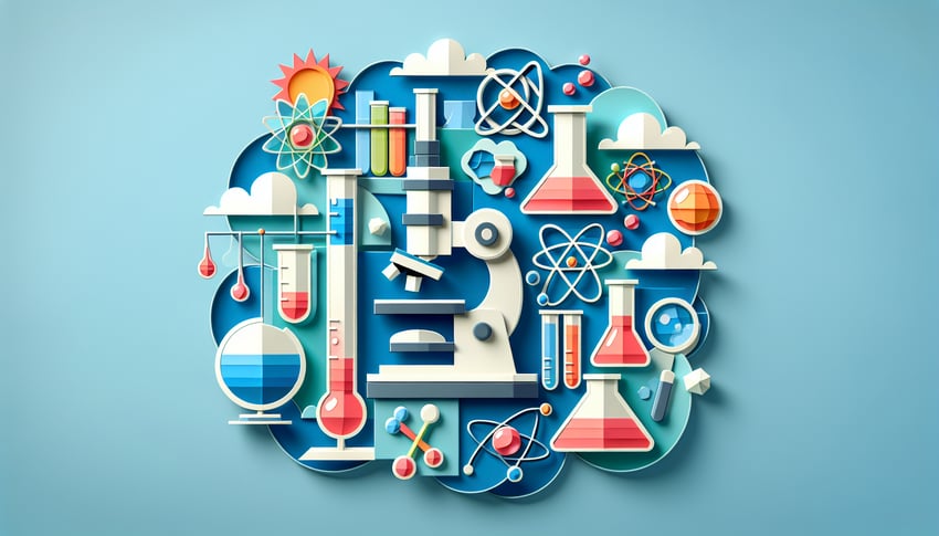 Paper art illustration featuring a science fair project form with charts and colorful elements related to scientific research