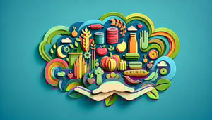 Paper art illustration featuring a food bank registration form and related elements for FormCreatorAI article