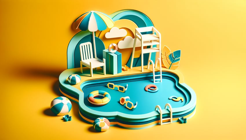 paper art illustration depicting a liability waiver form for swimming lessons featuring checkboxes and signature lines