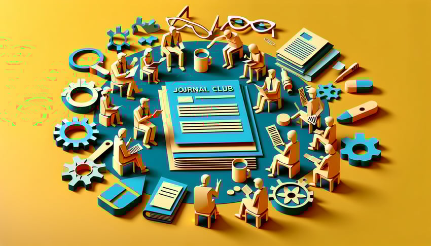 paper art illustration showcasing a journal club evaluation form template design for FormCreatorAI article