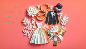Paper art illustration featuring a wedding invitation form template and decorative floral elements