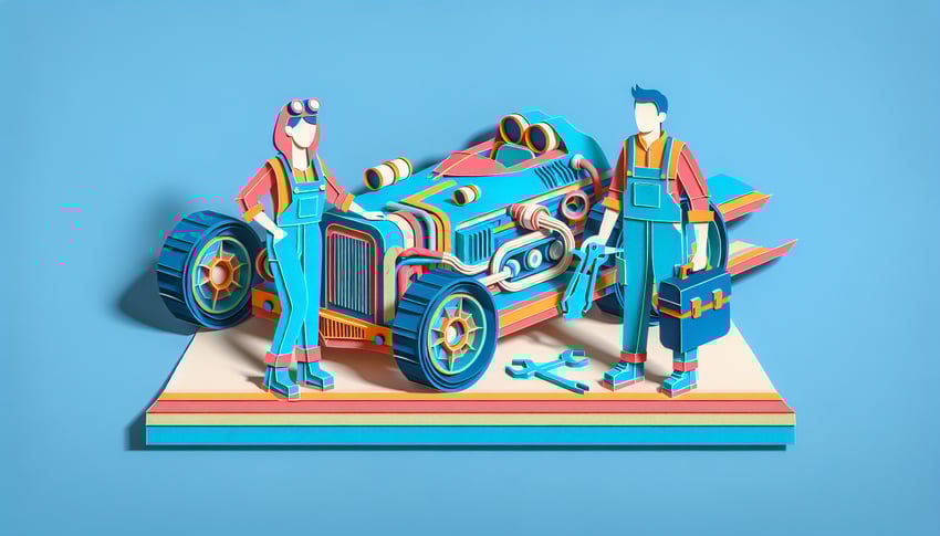 Paper art illustration featuring a mechanic application form with tools and gear elements for FormCreatorAI article