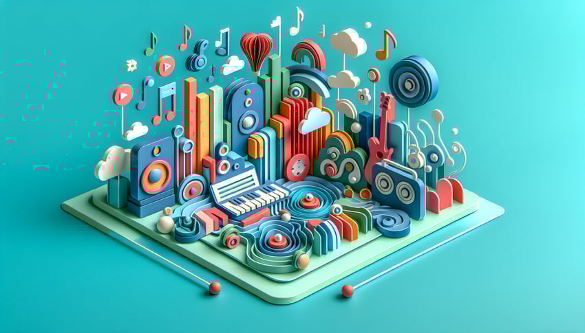 Paper art illustration depicting a music survey form design for an article on FormCreatorAI.