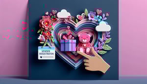 Paper art illustration featuring a Valentines Day vendor registration form template with hearts and floral designs