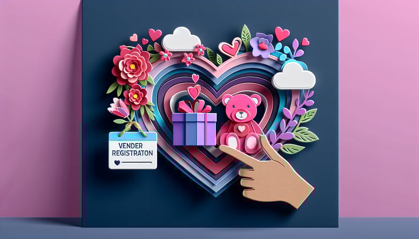 Paper art illustration featuring a Valentines Day vendor registration form template with hearts and floral designs