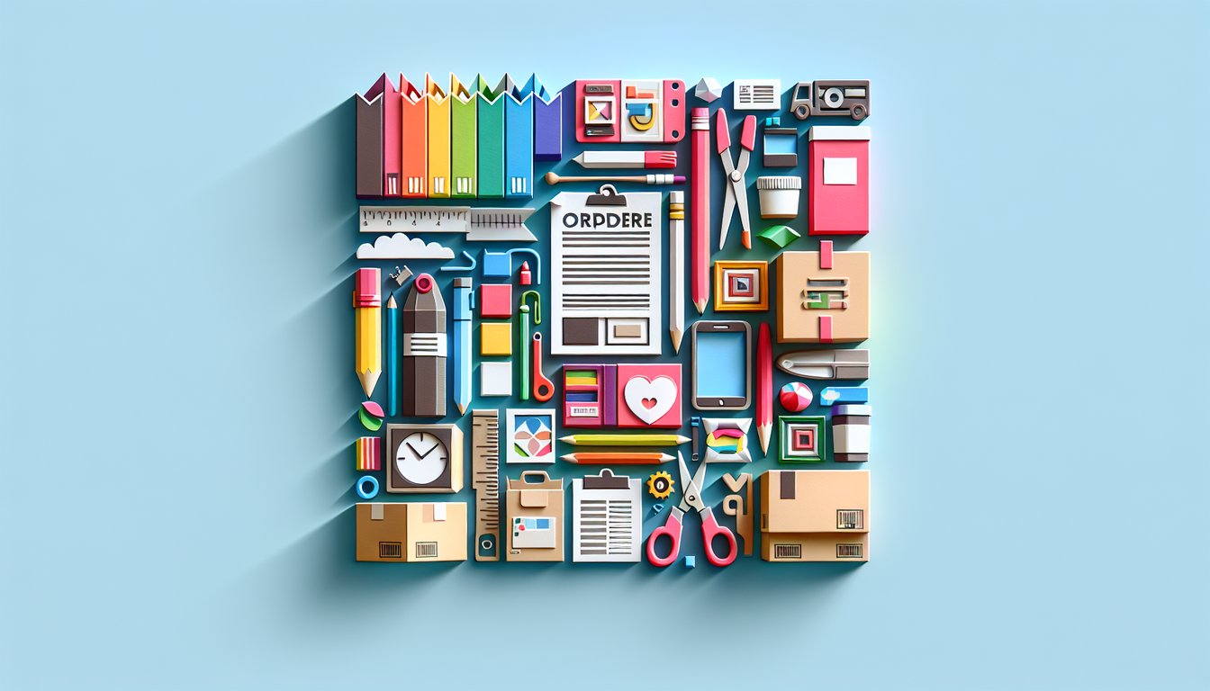 Paper art illustration depicting a supplies order form template for FormCreatorAI article