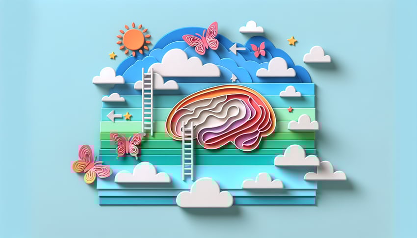 Paper art illustration depicting a mental health progress notes form with creative design elements and vibrant colors.