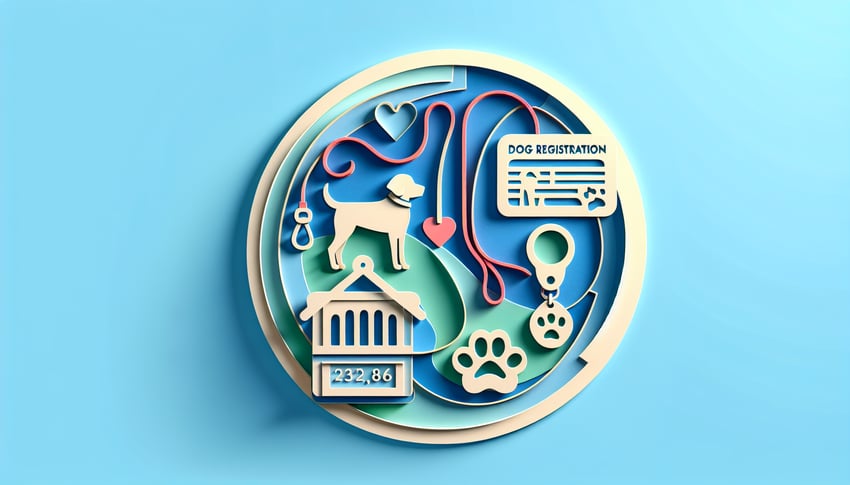 Paper art illustration showing a dog registration form with vibrant colors and playful design elements.