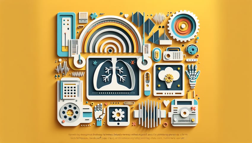 Paper art illustration featuring a radiology order form with medical icons and layouts for FormCreatorAI article.