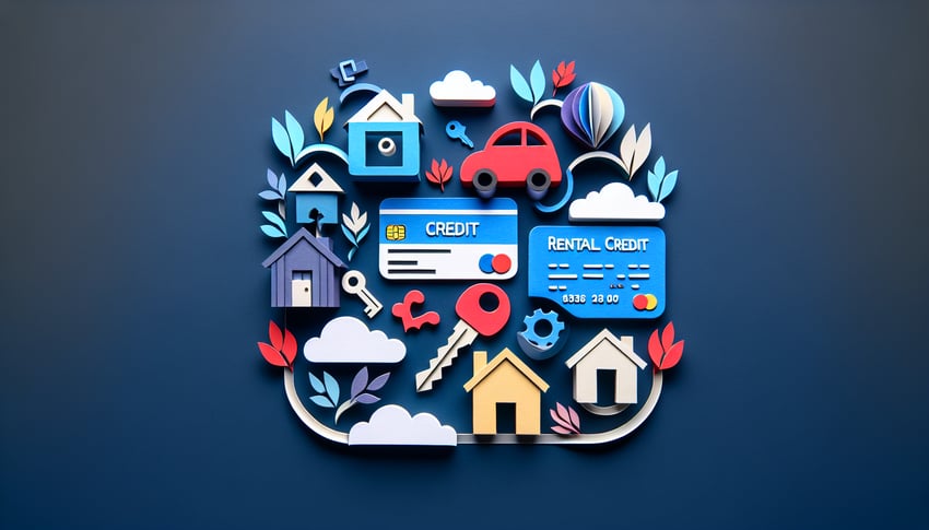 Paper art illustration depicting a rental credit application form template for FormCreatorAI article