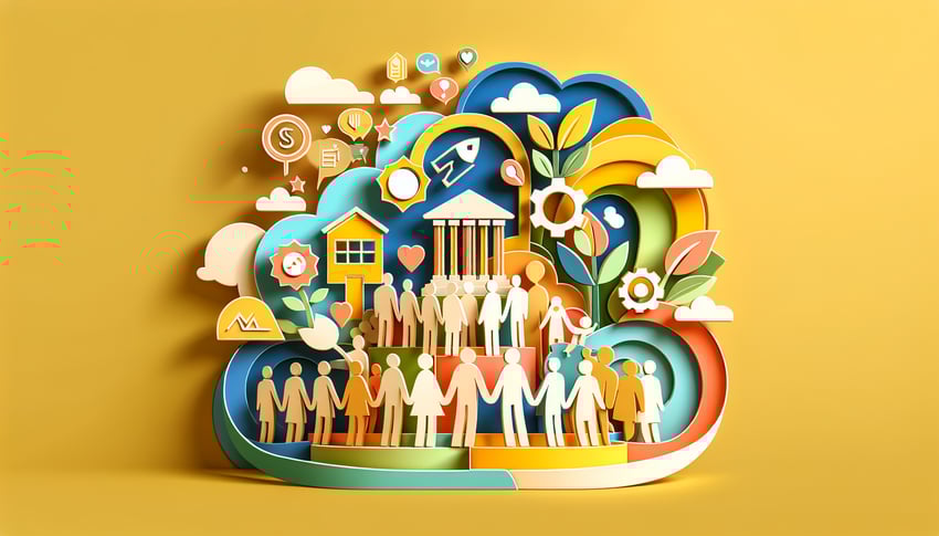 Paper art illustration depicting a nonprofit event registration form template and digital design elements.