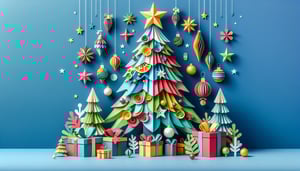 Paper art illustration featuring a colorful Christmas tree and entry form for a contest about holiday decorations