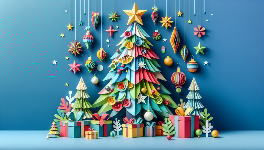 Paper art illustration featuring a colorful Christmas tree and entry form for a contest about holiday decorations