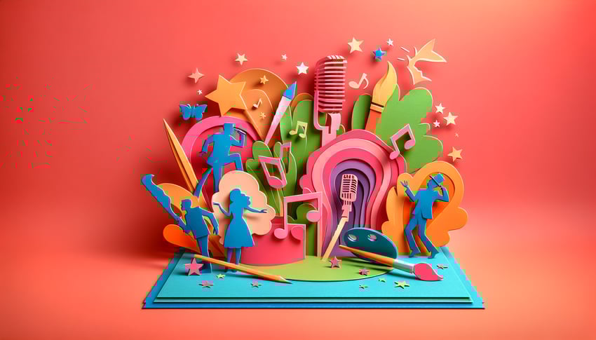 paper art illustration featuring a talent show auditions sign up form template with colorful design elements and musical notes