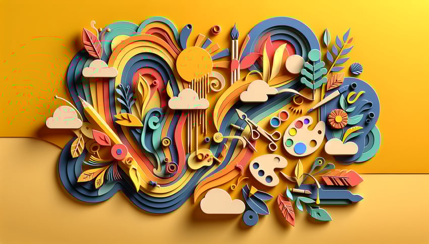 paper art illustration featuring colorful designs and a voting form layout for art contest article