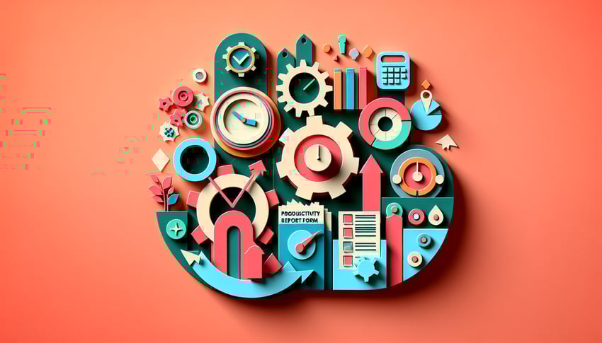 Paper art illustration depicting agent productivity report form template for FormCreatorAI