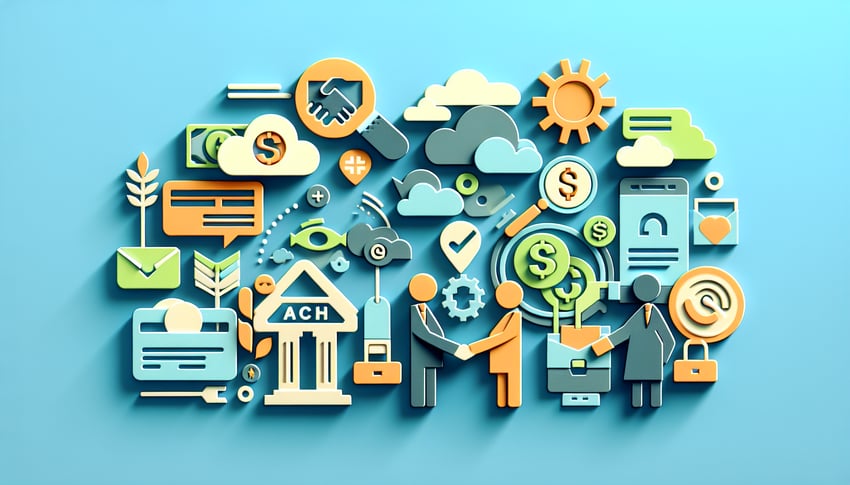 Paper art illustration showcasing ACH Client Authorization Form Template with design elements related to finance and forms