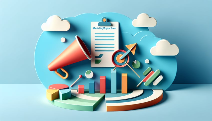 Paper art illustration depicting a marketing request form template for FormCreatorAI article.