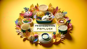 Paper art illustration depicting a festive Friendsgiving potluck invitation with autumn-themed elements.