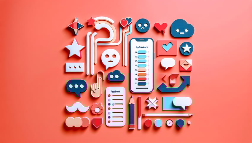 Paper art illustration depicting an app feedback survey form with design elements related to FormCreatorAI