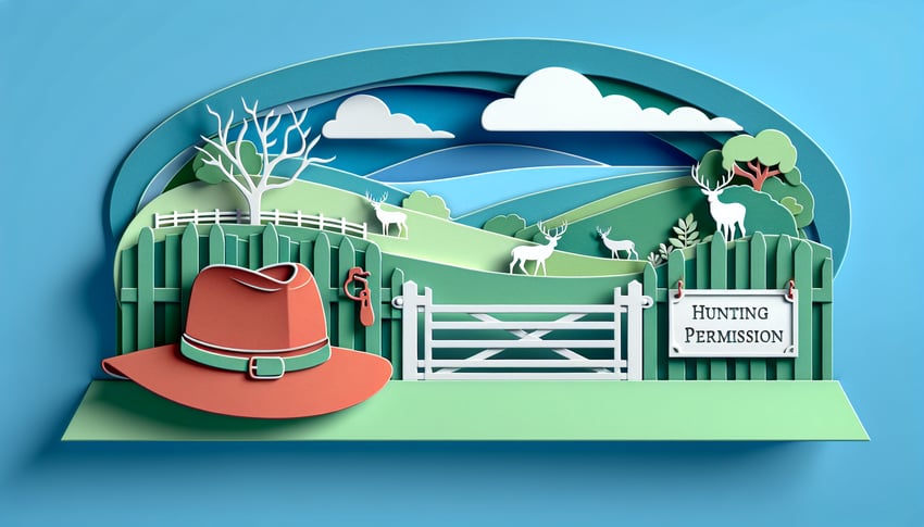 Paper art illustration depicting a landowner hunting permission form template for FormCreatorAI.