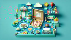 Colorful paper art illustration featuring a pizza order form with various toppings and sizes for FormCreatorAI article