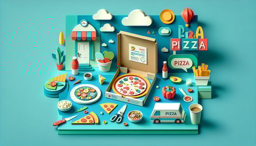 Colorful paper art illustration featuring a pizza order form with various toppings and sizes for FormCreatorAI article
