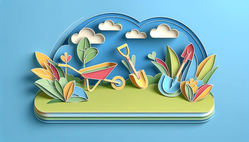 Paper art illustration featuring a landscaping job application form with gardening tools and plants design elements
